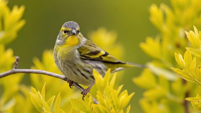 Close-up macro of a small Eurasian Siskin bird perched on a branch, surrounded by bright yellow spring flowers with a soft green bokeh background.