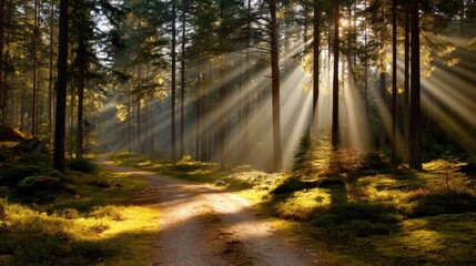 Obraz premium Serene Forest Pathway with Sunlight Rays Streaming Through Tall Trees in a Peaceful Natural Landscape, Perfect for Nature Lovers and Outdoor Enthusiasts