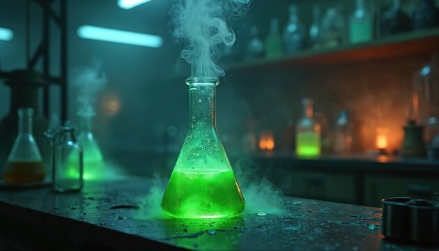 Glowing green liquid boils in flask creating smoke in eerie dark laboratory. Glass bottles with potions line shelves, science experiment ongoing.