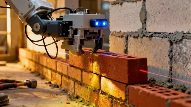 Medium shot capturing a sensorguided brick laying robot adjusting placement dynamically to ensure flawless wall alignment and structural integrity.