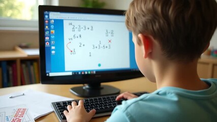 A child independently solving math problems on a computer with other learning materials nearby, featuring a design that allows for eye-catching copy space.