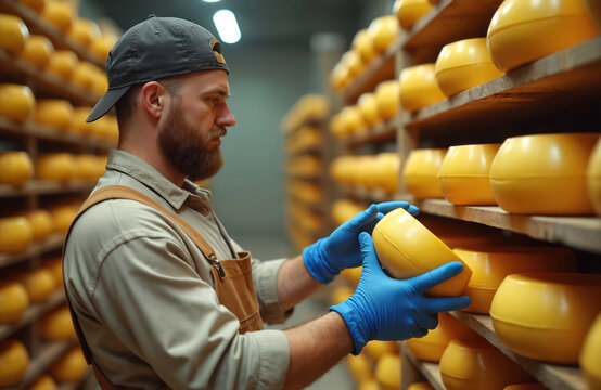 Man in blue gloves checks round cheese wheels on wooden shelves in a dairy factory. Worker inspects food production, quality control in warehouse storing aged cheese. - Powered by Adobe
