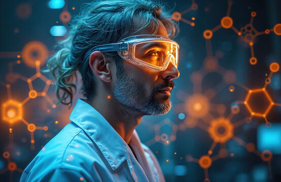 Male scientist with beard, safety goggles in white lab coat works. Observes glowing orange molecular structures, chemical formulas on digital screen display. Man focuses on advanced research, - Powered by Adobe