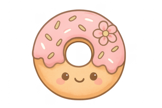 Kawaii donut cartoon character with pink frosting