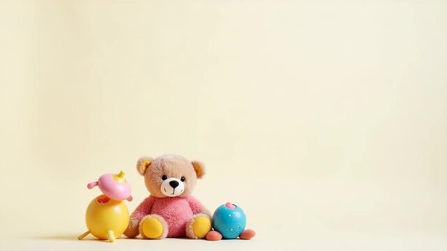 A minimalistic arrangement of unique interactive toys on a soft background with ample copy space for text and advertisements targeting aspiring parents.