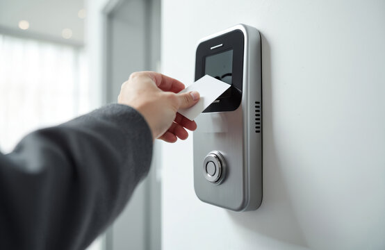 Person uses card to enter office building through electronic access control reader. Employee swipes badge for building entry using security system to clock in.