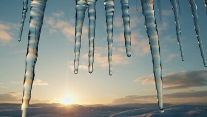 Icicles glimmer at sunset, casting beautiful reflections in a winter landscape.
