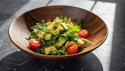 Colorful fresh salad with greens, avocado, and cherry tomatoes.