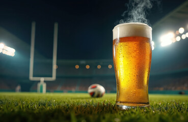 Tall glass of cold lager beer steams on green grass near rugby goal post. Stadium lights illuminate blurred background with ball and fans cheering. Night game refreshment and celebration atmosphere.