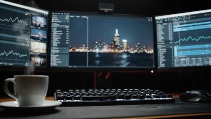 Low-angle shot of a steaming white coffee cup in front of a dark desktop computer setup showing stock market charts and a city skyline at night, suggesting a busy work - Powered by Adobe
