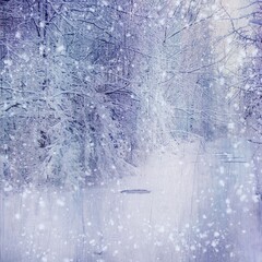 Peaceful winter forest covered in snow with gentle snowfall, perfect for Christmas cards, holiday backgrounds, and serene seasonal artwork.