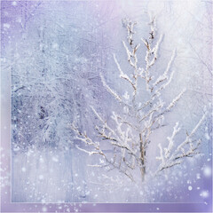 Beautiful frosty winter scene with snow-covered branches and a soft purple glow, perfect for Christmas cards, seasonal backgrounds, and festive winter designs.