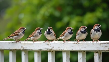Six house sparrows perched on white wooden railing. Birds are in row, facing different directions. They have brown caps, black throat patches and white underparts. Green plants blurred in background.