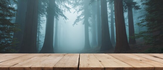 Wooden table set in a tranquil forest with sunlight streaming through trees.