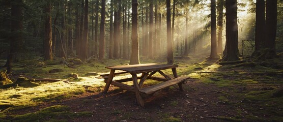 Sunset illuminating rustic wooden table surrounded by autumn leaves.