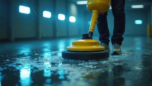 Worker uses yellow rotary floor buffer machine. It scrubs dirt and suds on industrial concrete floor. Cleaning work in progress at facility.