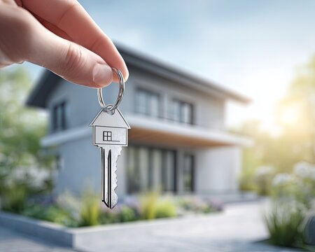 Hand Holding House Key Infront Of Modern House