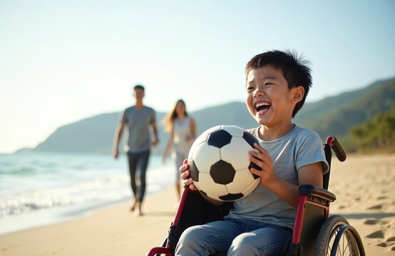 Joyful asian child in wheelchair holds soccer ball on beach sand. Parents walk behind on seaside holiday. Kid laughs happy, enjoys family trip, summer vacation by ocean water.