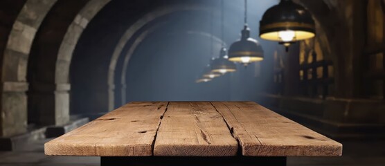 An empty wooden table with lanterns in a mysterious stone dungeon.