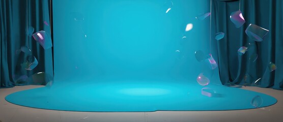 Bright blue backdrop with floating translucent shapes, creating a dynamic and playful atmosphere.