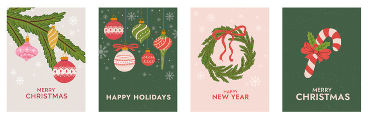 Set of retro Christmas greeting card vector illustration. Hand drawn Xmas background with holiday wreath, baubles, decorations and candy cane.