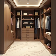 AI Generative. Luxurious Modern Walk-in Closet Interior with Elegant Wood Cabinetry and Marble Floor. 4