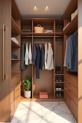 AI Generative. Luxurious Modern Walk-in Closet Interior with Elegant Wood Cabinetry and Marble Floor. 7