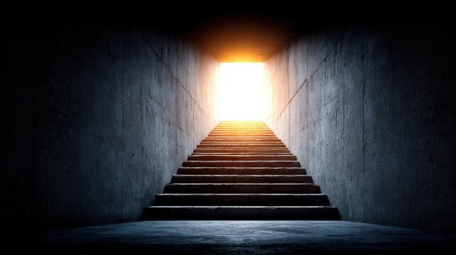 Stairway Leading to Bright Light in Dark Tunnel Symbolizing Hope, Opportunity, and New Beginnings with Concrete Walls and Steps - Powered by Adobe