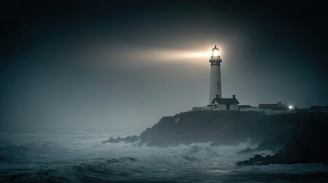 Pixelated Lighthouse Shining Over Turbulent Coastline At Night