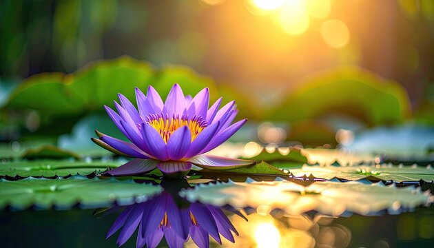 Vibrant purple water lily blooms with delicate petals glistening with morning dew surrounded by lush green lily pads reflecting golden sunlight on tranquil pond surface