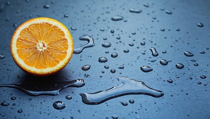 Fresh orange half on a dark surface with water droplets.
