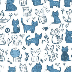 Obraz premium Cute cartoon cat seamless pattern with animals and pets illustrations