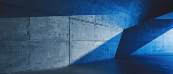 Abstract blue concrete wall with dramatic lighting and shadows.