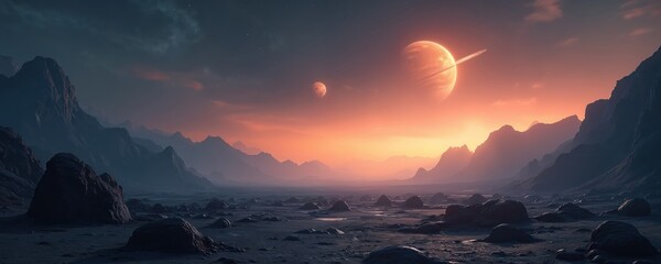 Alien planet landscape with ringed gas giant and moon in orange sky. Rocky terrain under misty mountains. Cosmic scene with distant stars and nebulae visible.