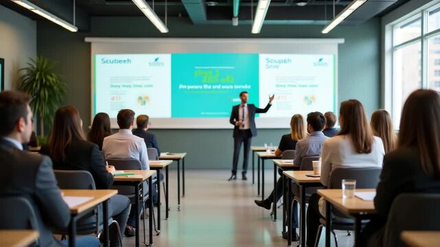 An elegant training session on zero carbon education, set in a modern classroom layout that highlights copy space for educational materials and branding opportunities.