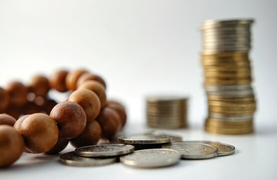 Islamic finance concept. Prayer beads next to stacks of coins. Zakat charity and wealth concept. Muslim economy and investment. Sharia compliant banking and financing.