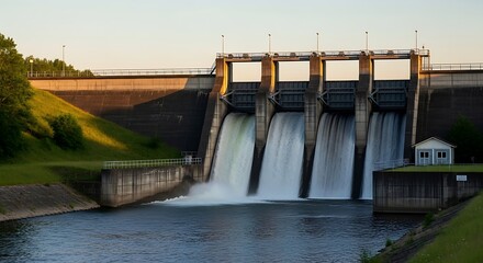 Hydroelectric Dam Water Spillways Rural Evening Sunset Energy