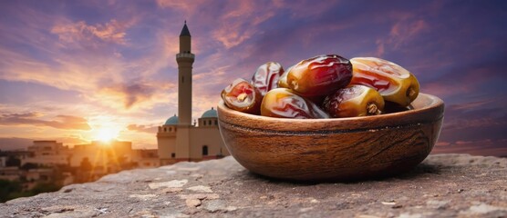 A bowl of dates at sunset with a mosque in the background.