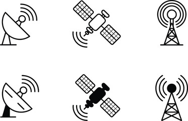 Communication icons set with satellite dish, radio tower, signal waves, broadcasting technology, vector illustration, black silhouette, telecom network, isolated design