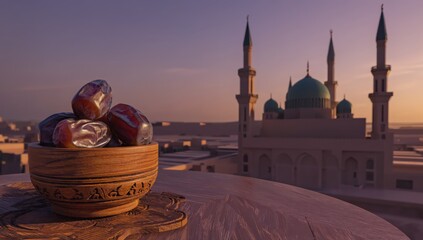 A wooden bowl of dates against a mosque sunset in the background.