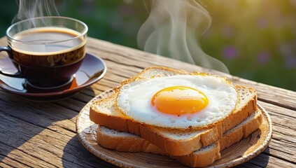 A delicious breakfast featuring a sunny-side-up egg on toast with a steaming cup of coffee.