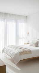 Fototapeta premium Modern minimalist bedroom interior with white bed and natural light