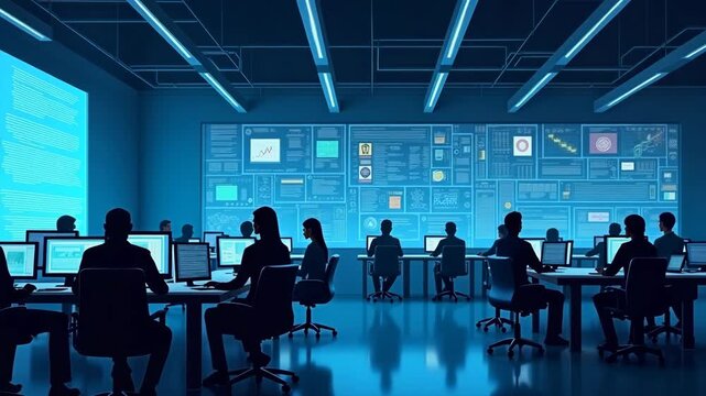 An illustration of a Security Operations Center (SOC) for cyber security, showcasing advanced technology and team collaboration, with ample copy space on the left for promotional content. - Powered by Adobe