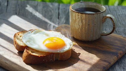A breakfast featuring a sunny-side-up egg on toast beside a steaming cup of coffee.