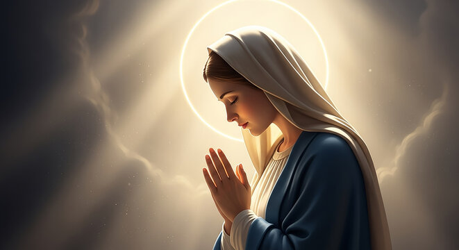 Virgin mary praying with hands clasped in divine light