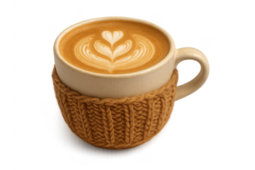 Latte art heart design in knit sweater mug