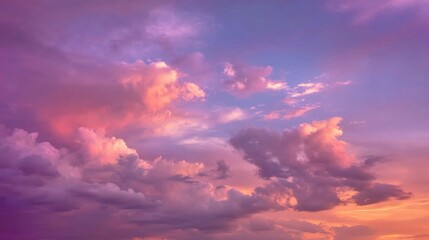 Obraz premium Stunning Sunset Sky with Vibrant Purple and Pink Clouds Illuminating Evening Horizon in Nature's Beautiful Color Palette