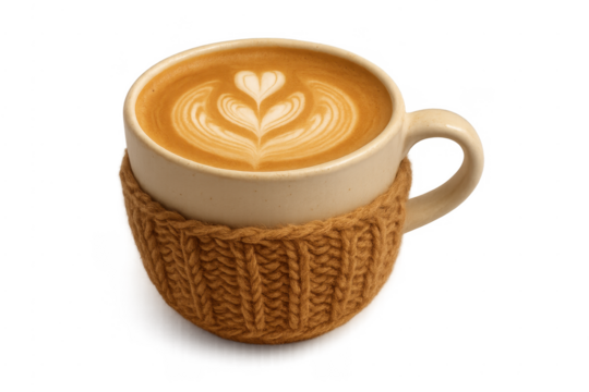 Latte art heart design in knit sweater mug - Powered by Adobe