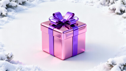 A shiny pink metallic Christmas gift box with a glossy purple ribbon and bow sits elegantly in fresh snow, surrounded by frosty pine branches