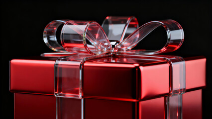 A glossy red gift box wrapped in transparent ribbon with a large, elegant bow, gleaming under light against a dark background